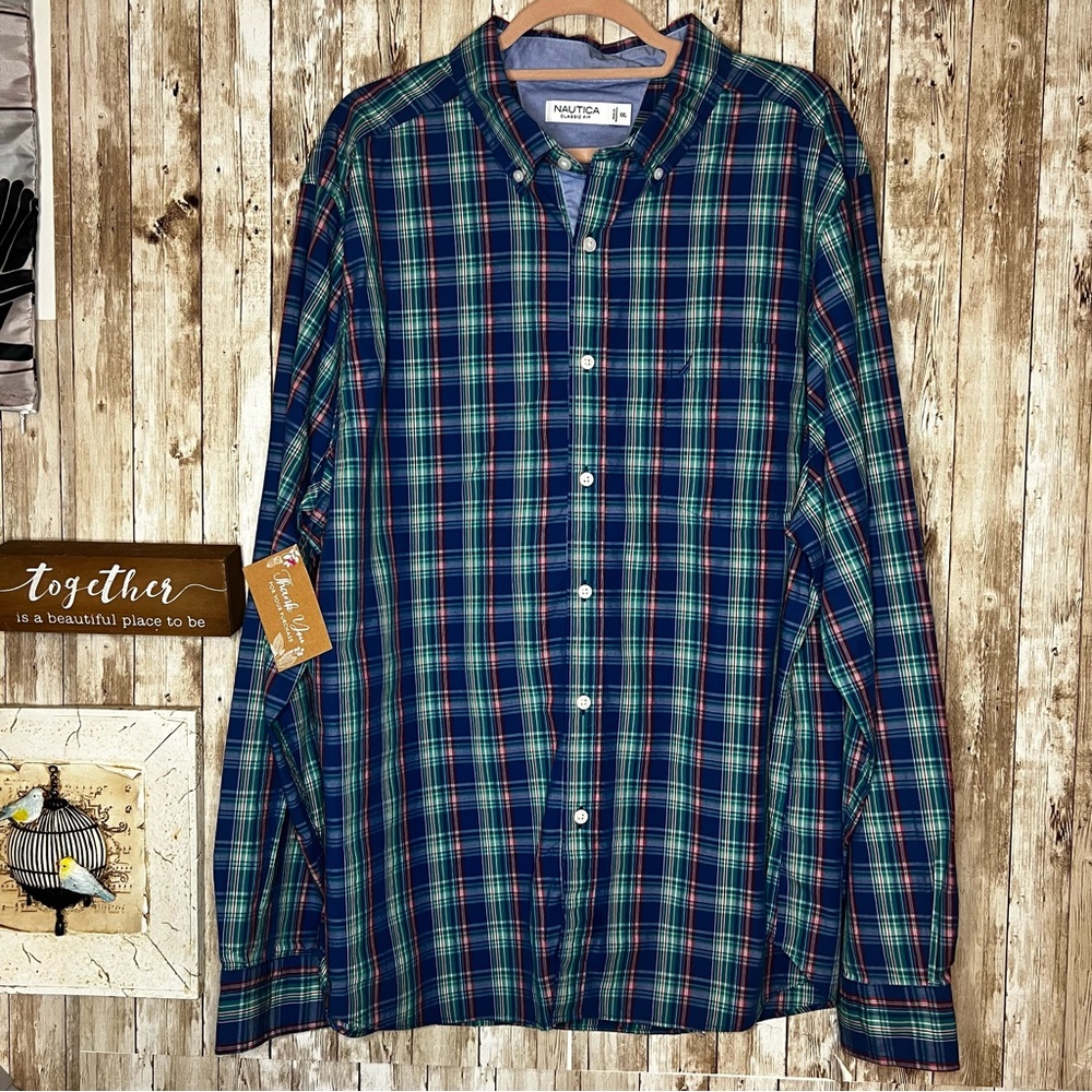 Nautica Men's Casual Plaid Shirt in Blue and Green